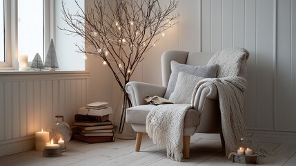 Cozy Scandinavian reading nook with armchair, warm lights, candles and soft blankets in a white interior. The image evokes comfort, hygge lifestyle and peaceful winter relaxation