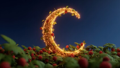 Obraz premium Glowing Golden Crescent Moon Amid Berries