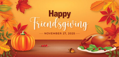 Thanksgiving Gradient Thanksgiving Horizontal bannerHappy thanksgiving greeting with festive autumn leaves and traditional holiday food on a wooden table isolated on Yellow background