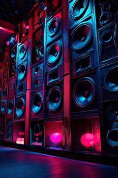 Wall of speakers lit by vibrant colors