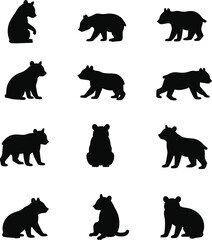 Twelve adorable bear cub silhouettes various poses