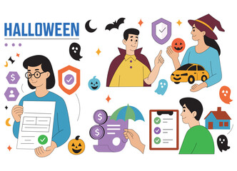 Halloween finance and insurance illustration people with documents, car, house, and spooky holiday elements. Cartoon characters with Halloween theme showing safety, and insurance protection concept.