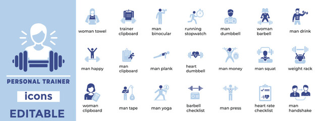 Clean editable personal trainer vector icons  perfect for fitness, coaching, gym branding and app design

