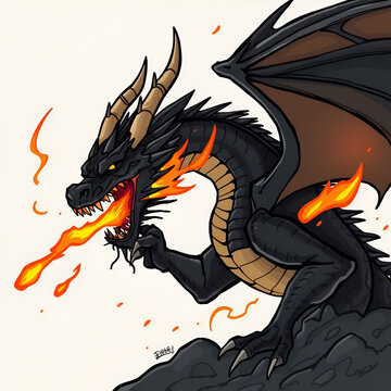 illustration of a black dragon spitting fire