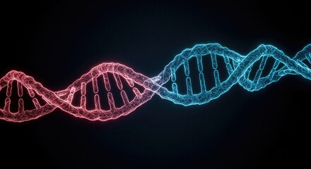 Genetic Engineering in Health Research. Abstract illustration of a DNA double helix in vibrant colors on a dark background.