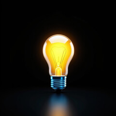 Illuminated Light Bulb on Black Background Symbolizing Bright Idea and Innovation with Reflection for Creative Concepts and Problem Solving