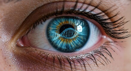 Fototapeta premium Genetic Engineering in Health Research. A close-up of an eye reflecting a DNA strand, showcasing vivid colors and intricate details.
