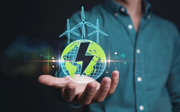 Future of renewable energy with man holding hologram of earth and wind turbines.