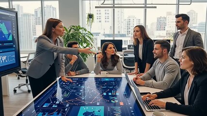 Business team collaborating in a modern office, discussing strategies with digital data displays - Powered by Adobe