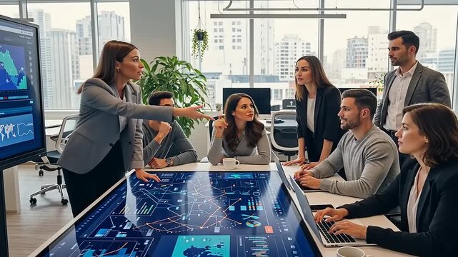 Business team collaborating in a modern office, discussing strategies with digital data displays