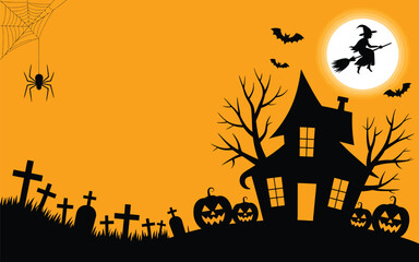 Haunted House Silhouette with Witch, Graveyard and Pumpkins