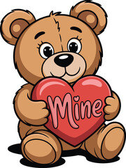 Fototapeta premium Adorable cartoon teddy bear holding red heart with “Mine” text, perfect for Valentine's Day, romantic cards, kids designs, gifts, and decorations.
