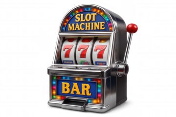 Slot machine showing a triple seven jackpot combination on transparent background, with colorful lights