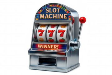 Glowing slot machine jackpot showing triple sevens, representing gambling success against transparent backdrop