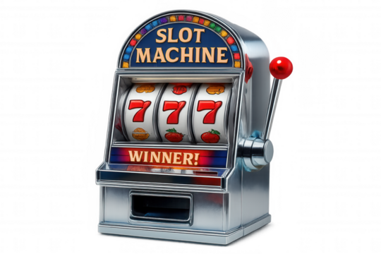 Glowing slot machine jackpot showing triple sevens, representing gambling success against transparent backdrop