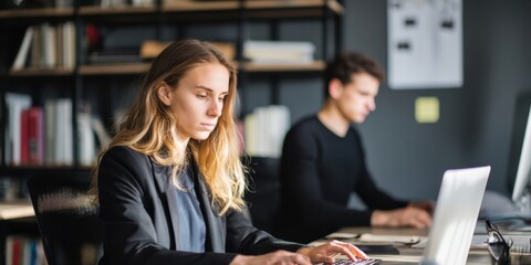 The focused young professionals collaborating in a modern office environment.