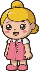 Cute cartoon blonde girl character, happy child in pink dress, smiling little kid vector illustration, adorable preschool girl clipart, isolated style