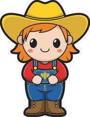 Cute cartoon farm boy character, child in overalls and cowboy hat, smiling kid vector illustration, wheat symbol, agriculture rural lifestyle clipart