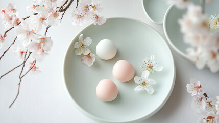 Delicate Japanese wagashi on handmade ceramic plates, soft pastel tones