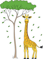 Fototapeta premium Cute cartoon giraffe standing beside an acacia tree, surrounded by green leaves, isolated vector illustration for educational, wildlife, and nature-themed design projects.