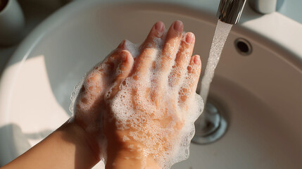 Close up hands washing with soap with water running. Daily hygiene routine, Hygiene and cleanliness, Sanitation and personal care concept
