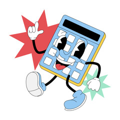 Cute cartoon calculator character in retro 80s style for school and education illustration