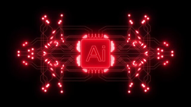 Microchip Technology Background. Glowing circuit board Technology chip processor background glowing animation. Digital pulses and signals from the chip propagate through the motherboard.