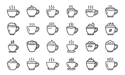 Collection of black and white food and drink icons, coffee, tea, candy, chocolate, ice cream, snacks, pizza, popcorn, pretzel, sausage, fried egg, milkshake, cold drinks, breakfast and dessert line ve