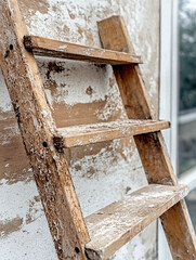 Old wooden ladder leaning against weathered plaster wall with peeling paint near window, rustic texture and signs of time