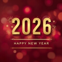 New Year 2026 greeting card design. The background is a deep red gradient with soft glowing light effects and bokeh patterns. The year "2026" is written in large, bold, golden 3D-style numbers 