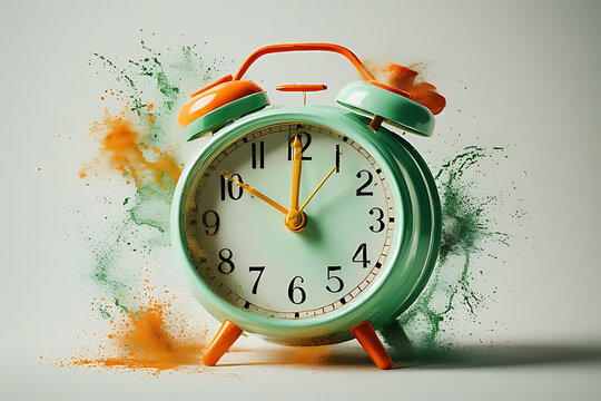 Green alarm clock with orange accents exploding with green and orange powder