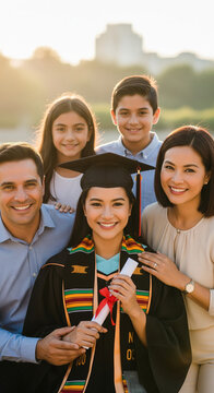 A smiling graduate in cap and gown posing with parents and siblings, holding diploma, warm natural light, joyful, 