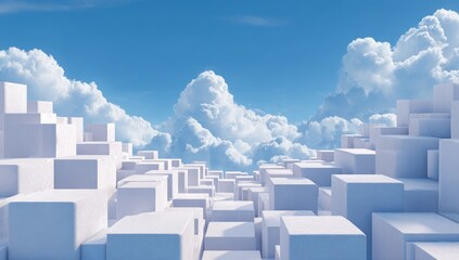 A vast landscape of white cubes against a clear blue sky dotted with fluffy white clouds
