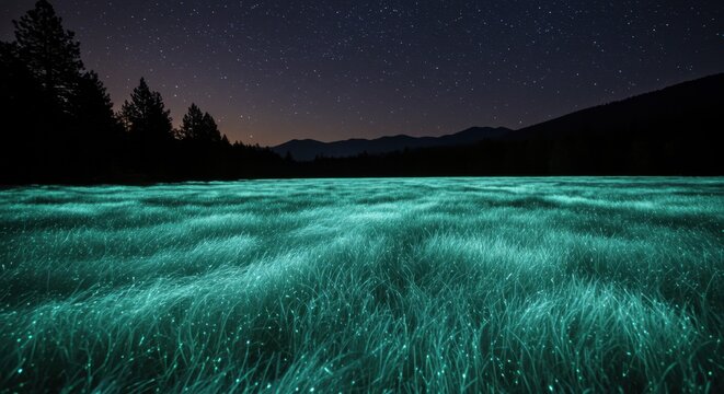 Ethereal Turquoise Waves of Bioluminescent Light in a Dark Meadow. - Powered by Adobe