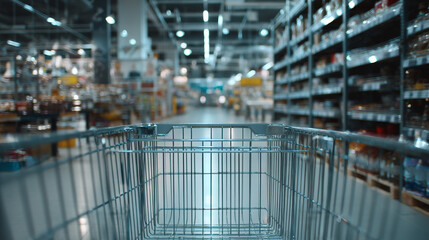 Naklejka premium A view from a shopping cart in a supermarket aisle with shelves full of products in the distance