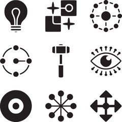 Art of a grid of nine black icons representing concepts like ideas, technology, strategy, vision, and tools, isolated on a for modern design