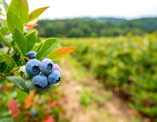 Fresh blueberries on branch in field