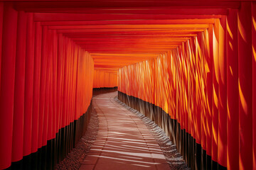Endless Vermilion Torii Gates with Sunlight and Lanterns in image of Kyoto Shrine
