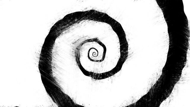 Hand Drawn Scribble swirl animation. White spiral being hand-drawn on black background. Animation of a gradually appearing hand drawn frame. Twirl Marker Line Brush Stroke. White spooky scary vortex