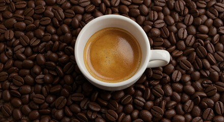 Fototapeta premium Top-down shot of glossy Arabica beans with espresso cup and rich crema