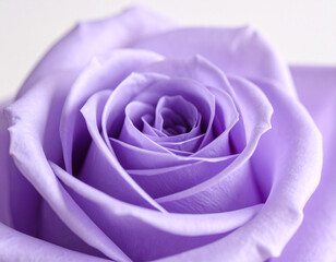 striking close-up photograph captures a single, fully bloomed purple rose with velvety petals spiraling inwards towards the center. Hints of a green stem and leaf are visible against a softly blurred,