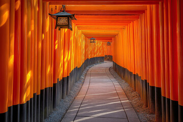 Endless Vermilion Torii Gates with Sunlight and Lanterns in image of Kyoto Shrine
