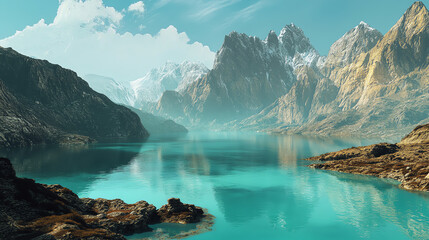 Tranquil turquoise lake surrounded by jagged peaks and layered slopes, untouched calm