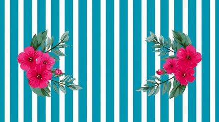 Obraz premium Vibrant tropical floral design with pink flowers on striped blue background.