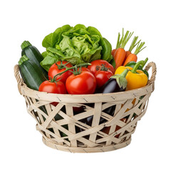 Fresh harvest of garden vegetables including tomatoes lettuce carrots zucchini and bell peppers in a rustic basket transparent background