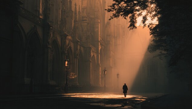 A solitary figure walks a sun-drenched alleyway between ancient, gothic buildings - Powered by Adobe