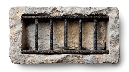 Stone Block with Metal Bars Isolated on White Background Security Concept