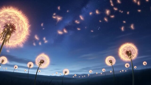 Glowing dandelions night sky