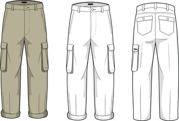 Cad drawing flat vector illustration of men's cargo pants with multi pockets, fashion technical sketch front side back view, utility style apparel template design