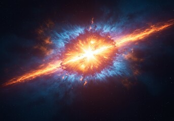 Stunning cosmic explosion in deep space, showcasing a bright burst of energy, radiating light and captivating the vast universe in an eye-catching view
